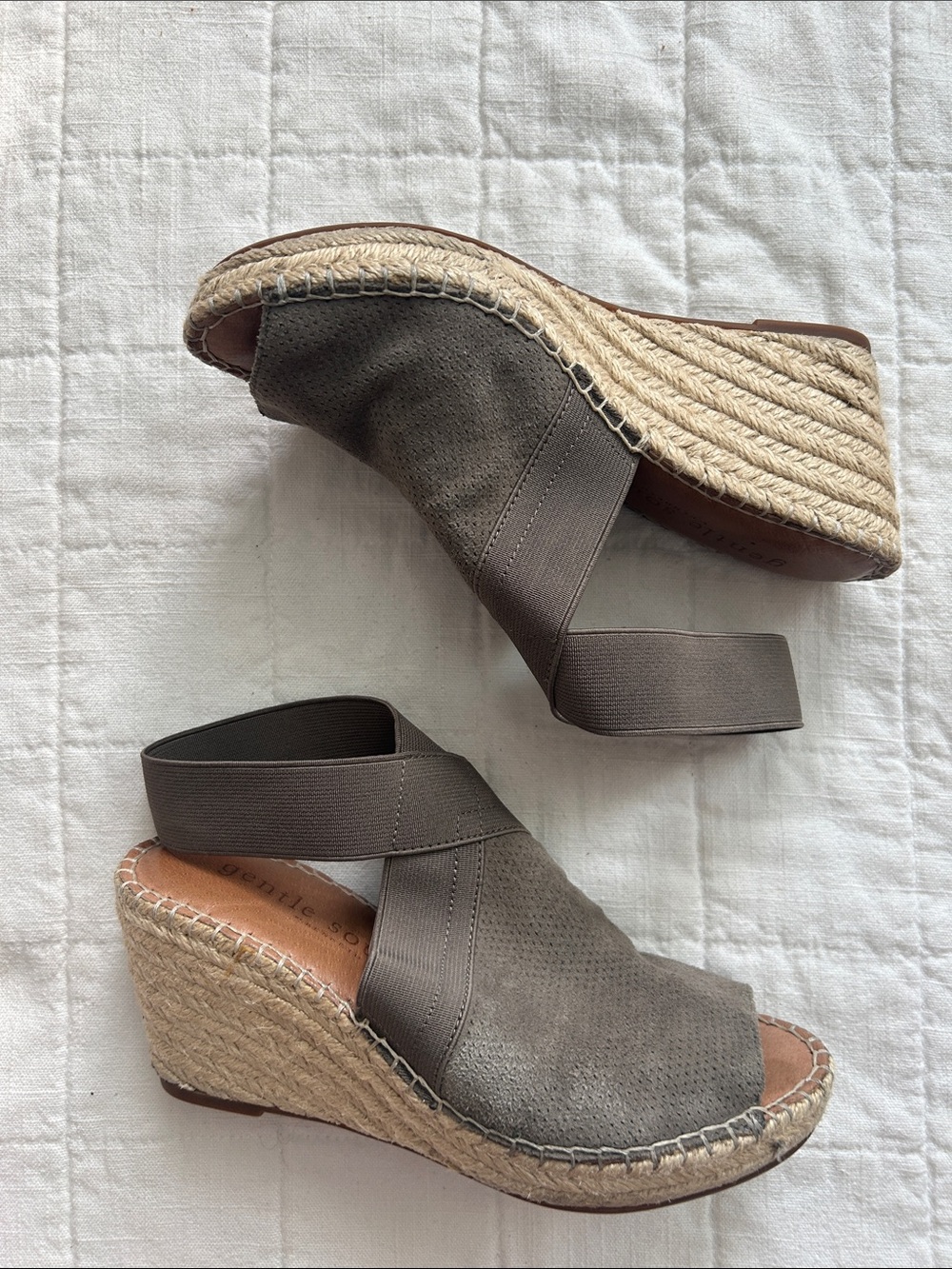 gentle souls Taupe Elastic Crossover Espadrille Wedge Sandals